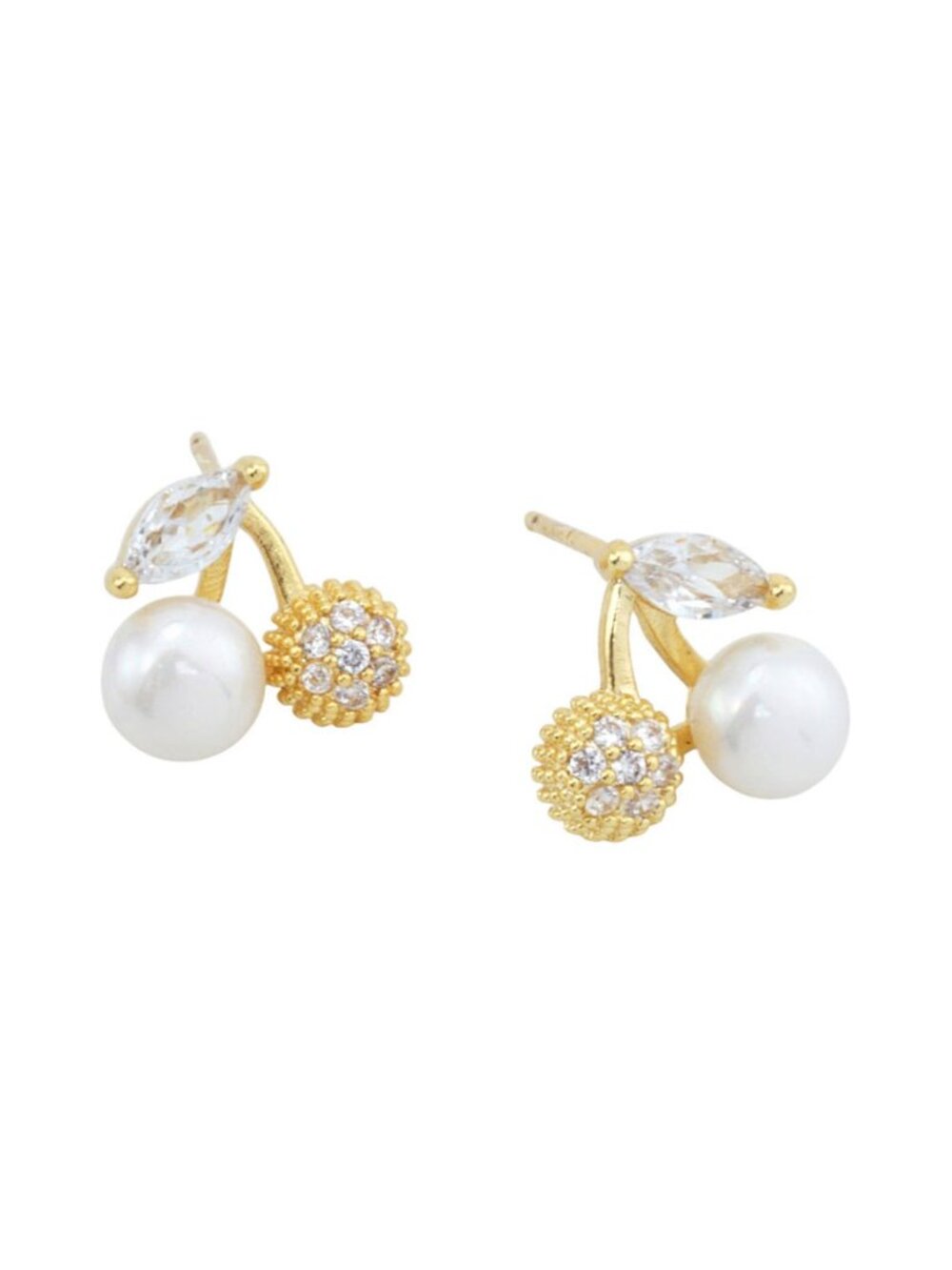 Tigerstars Gold White Pearl CZ Cherry Stud Earrings